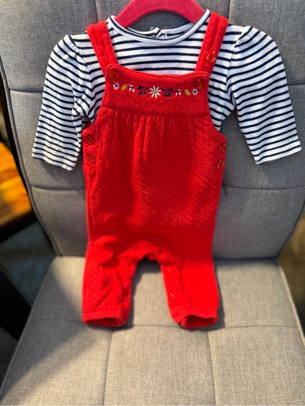 Little Me Red Embroidered Knit Overalls 0-3